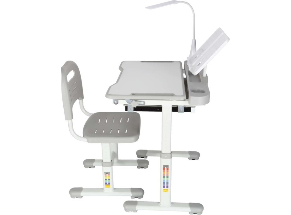 Dětský nastavitelný psací stůl se zásuvkou, židlí a LED lampou - šedý