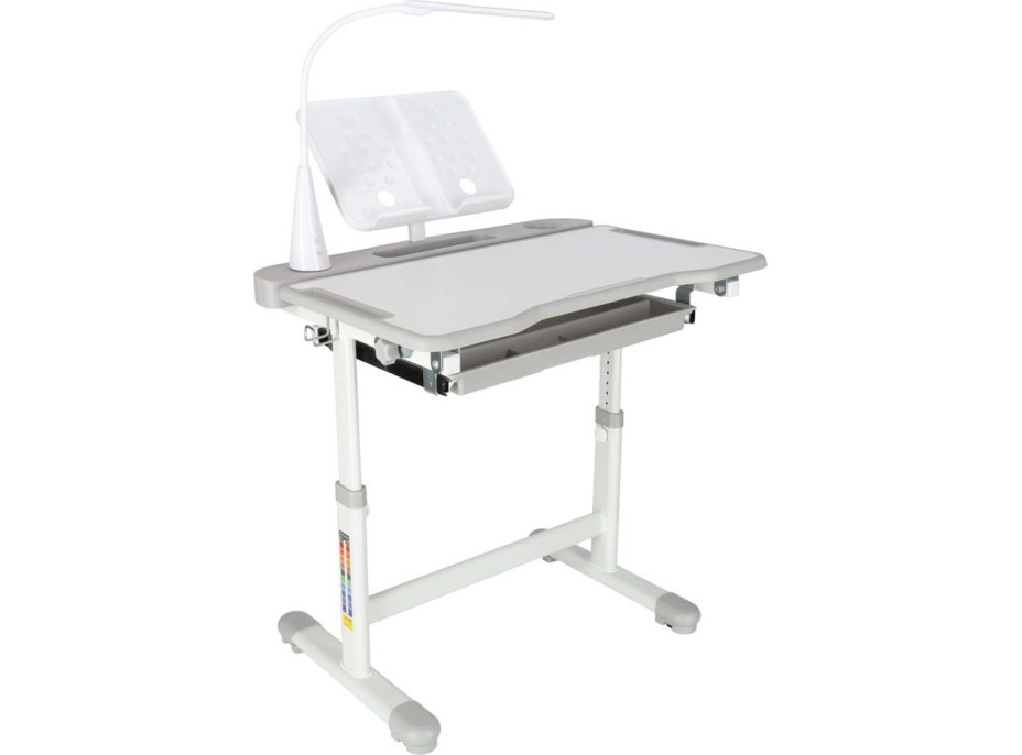 Dětský nastavitelný psací stůl se zásuvkou, židlí a LED lampou - šedý