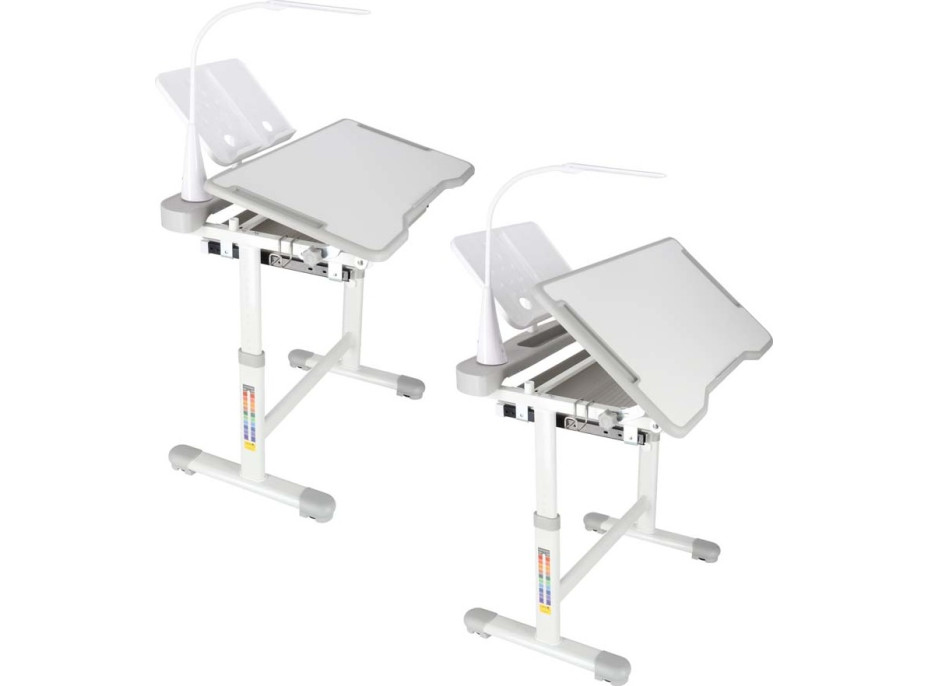 Dětský nastavitelný psací stůl se zásuvkou, židlí a LED lampou - šedý