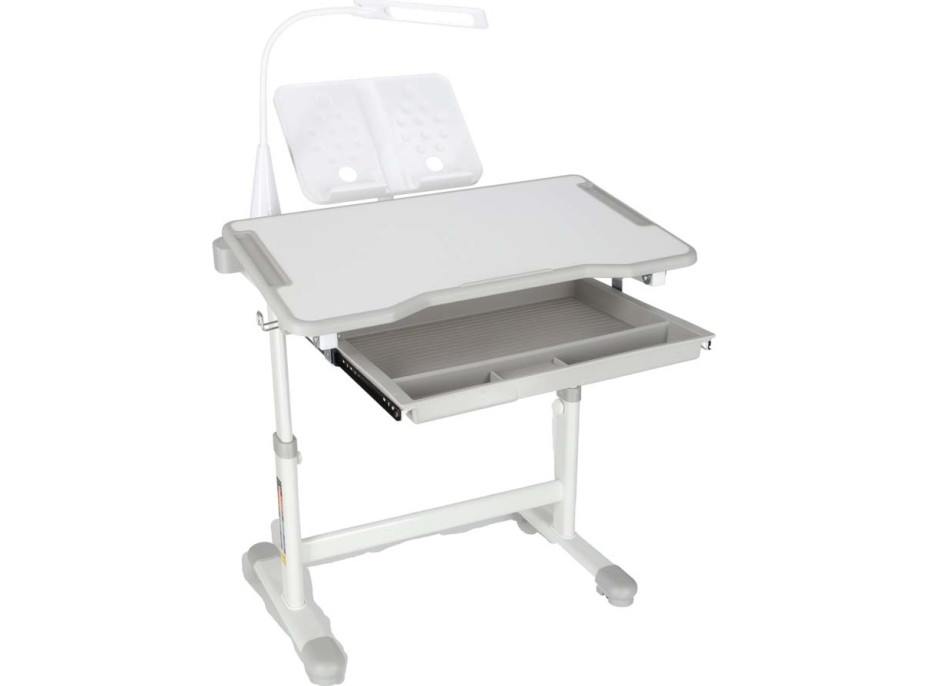 Dětský nastavitelný psací stůl se zásuvkou, židlí a LED lampou - šedý