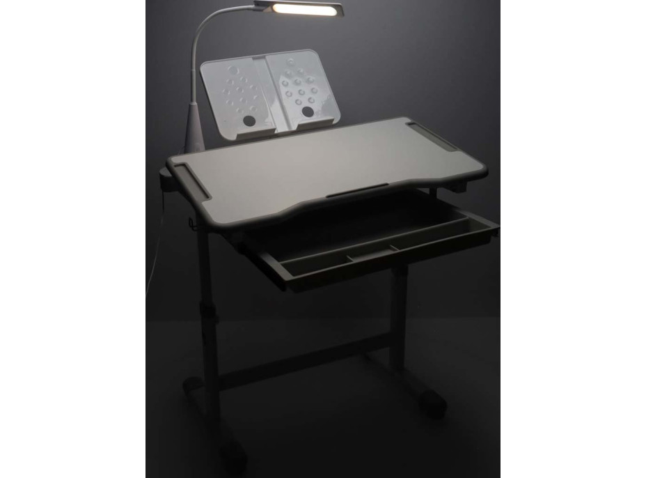 Dětský nastavitelný psací stůl se zásuvkou, židlí a LED lampou - šedý