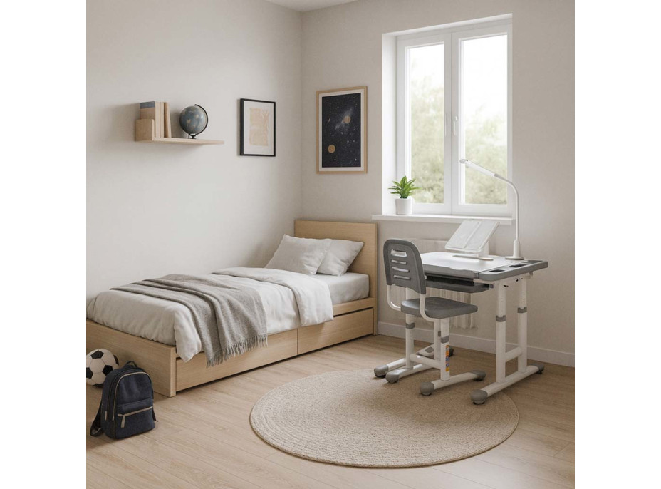 Dětský nastavitelný psací stůl se zásuvkou, židlí a LED lampou - šedý