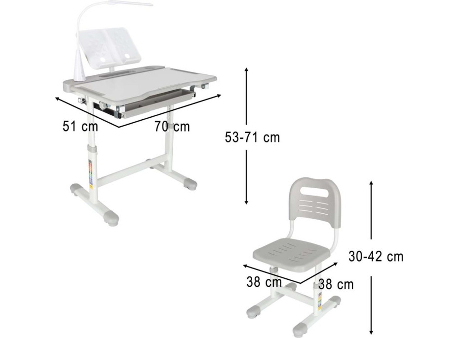 Dětský nastavitelný psací stůl se zásuvkou, židlí a LED lampou - šedý
