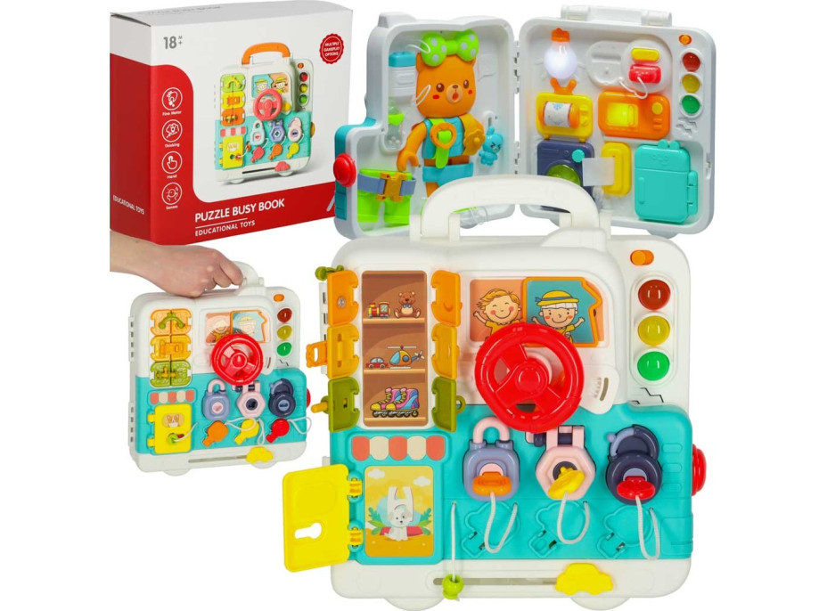 Smyslový manipulační Montessori kufřík se světlem a zvuky - Medvídek