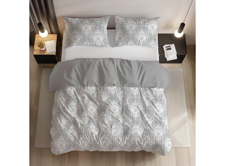 Bavlněné povlečení GUSTO Květy - bílé/šedé - 220x200 cm