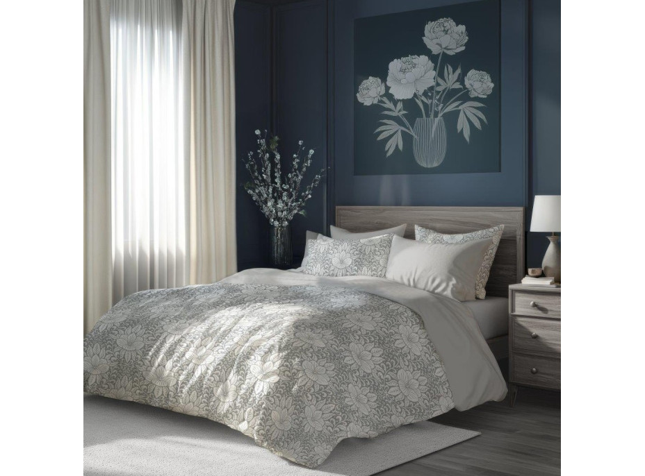 Bavlněné povlečení GUSTO Květy - bílé/šedé - 160x200 cm