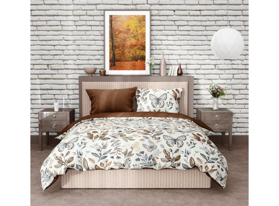 Bavlněné povlečení GUSTO Listy a motýlci - krémové/hnědé - 220x200 cm