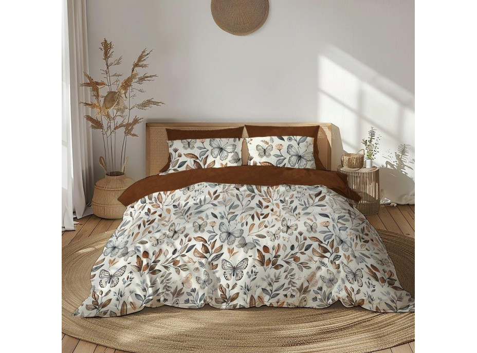 Bavlněné povlečení GUSTO Listy a motýlci - krémové/hnědé - 220x200 cm