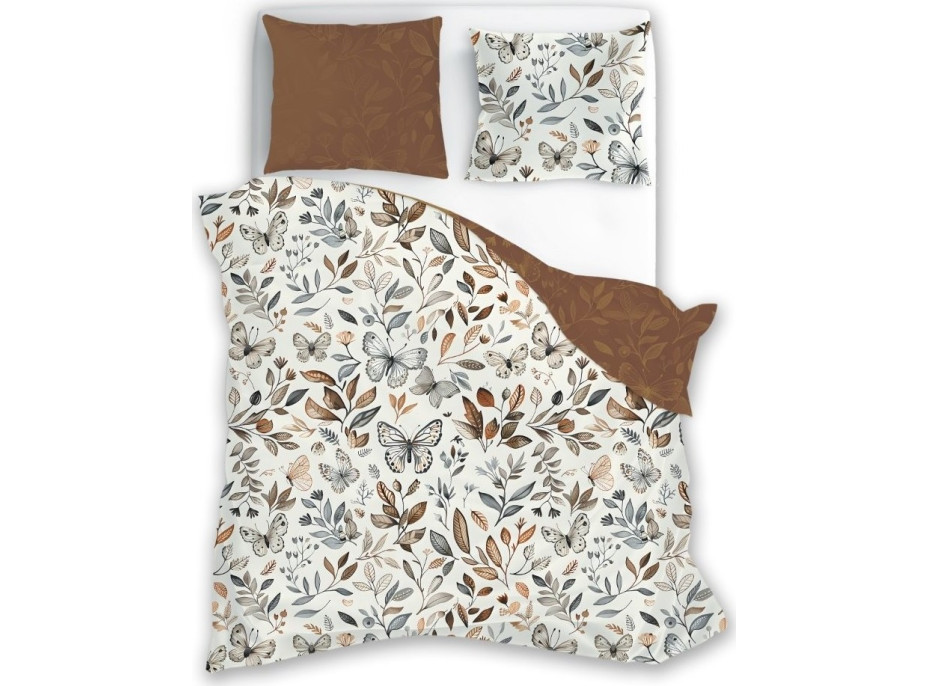 Bavlněné povlečení GUSTO Listy a motýlci - krémové/hnědé - 220x200 cm