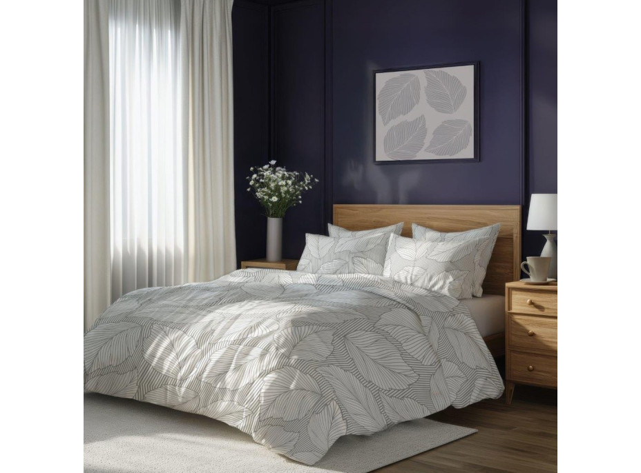 Bavlněné povlečení GUSTO Listy - šedé/bílé - 160x200 cm