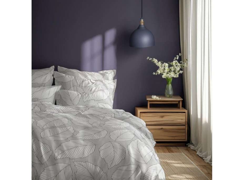 Bavlněné povlečení GUSTO Listy - šedé/bílé - 220x200 cm