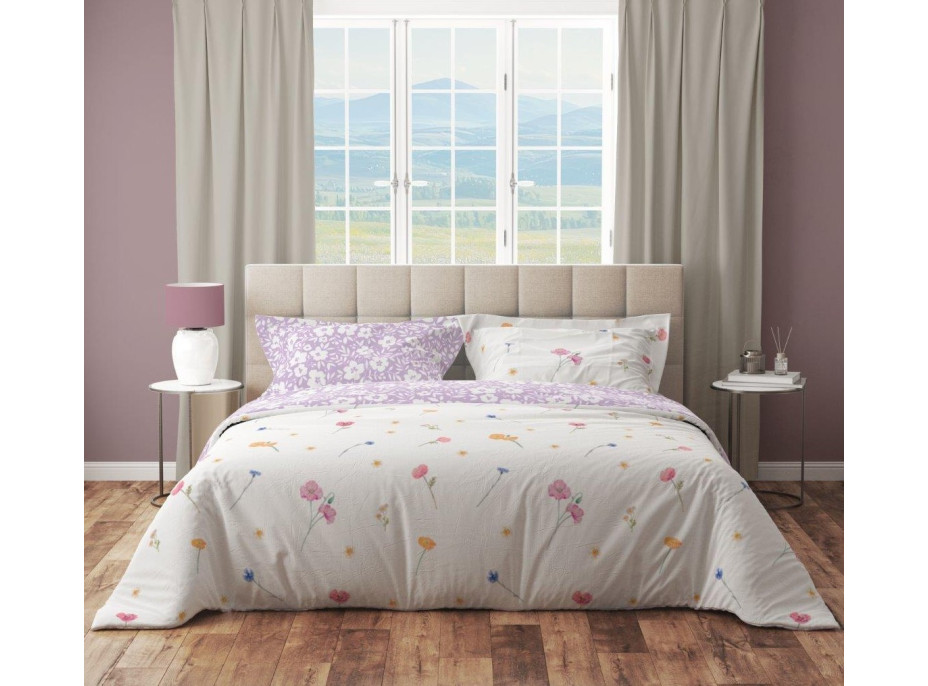 Bavlněné povlečení GUSTO Luční kvítí - bílé/fialové - 160x200 cm