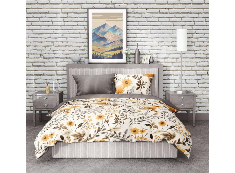 Bavlněné povlečení GUSTO Oranžové květy - krémové/mokka - 160x200 cm