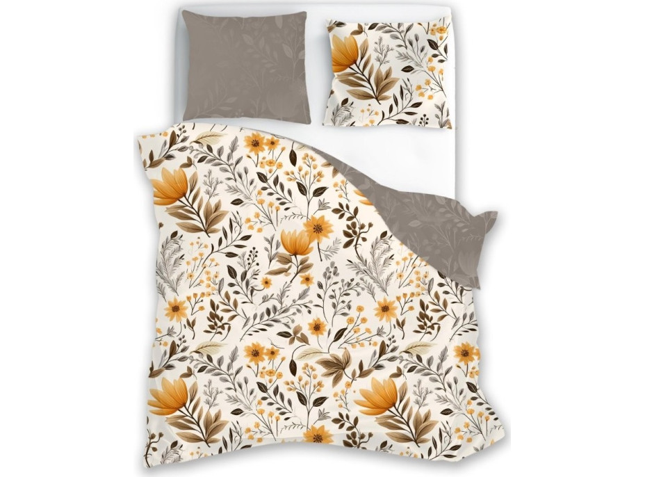 Bavlněné povlečení GUSTO Oranžové květy - krémové/mokka - 160x200 cm