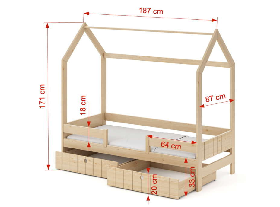 Dětská domečková postel z masivu borovice NAOMI se šuplíky - 180x80 cm - bílá