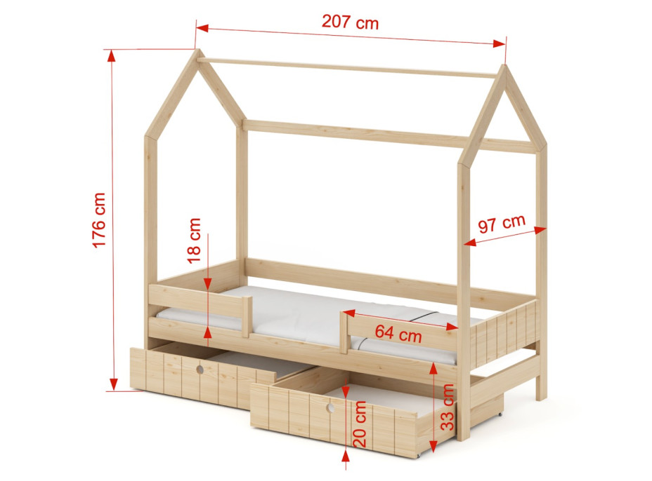 Dětská domečková postel z masivu borovice NAOMI se šuplíky - 200x90 cm - bílá