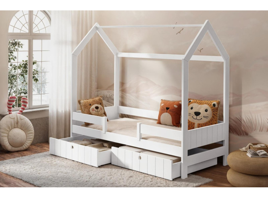 Dětská domečková postel z masivu borovice NAOMI se šuplíky - 200x90 cm - bílá