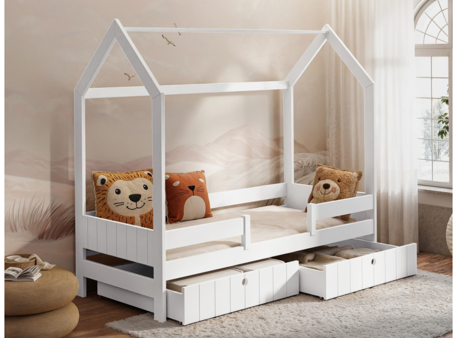 Dětská domečková postel z masivu borovice NAOMI se šuplíky - 180x80 cm - bílá