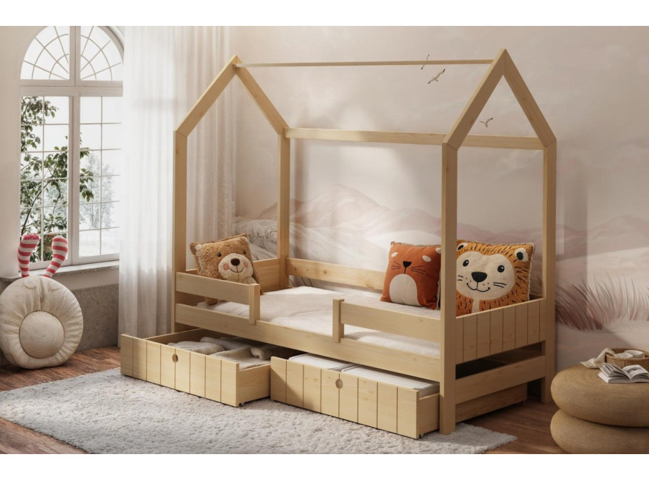 Dětská domečková postel z masivu borovice NAOMI se šuplíky - 180x80 cm - přírodní borovice