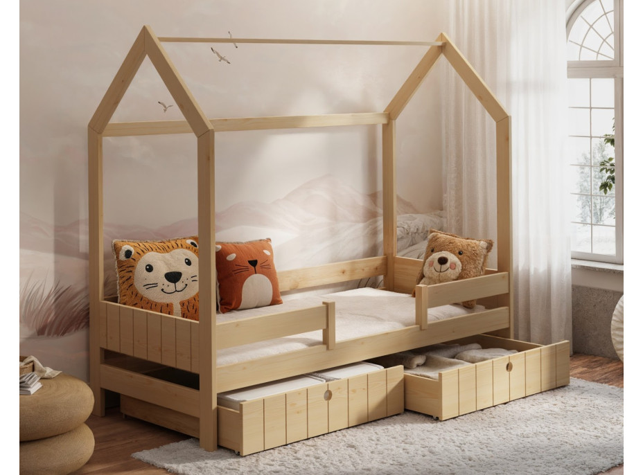 Dětská domečková postel z masivu borovice NAOMI se šuplíky - 200x90 cm - přírodní borovice