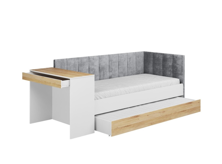 Dětská postel s přistýlkou a psacím stolem FREYA - 200x90 cm - bílá/šedá/dub sonoma