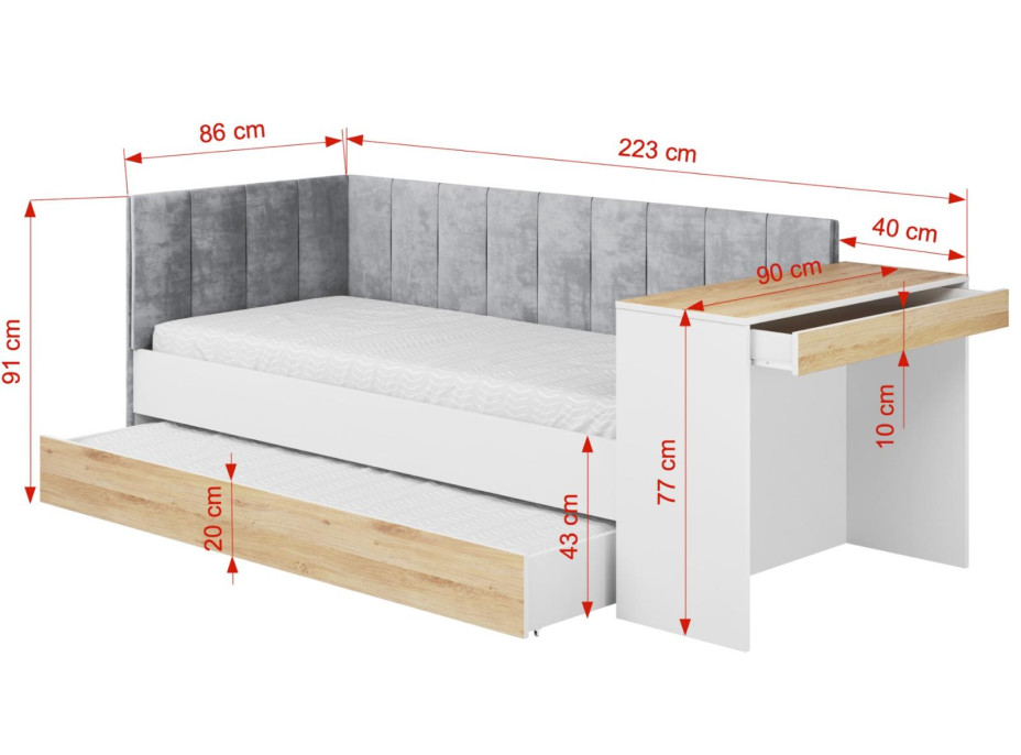 Dětská postel s přistýlkou a psacím stolem FREYA - 180x80 cm - bílá/šedá/dub sonoma