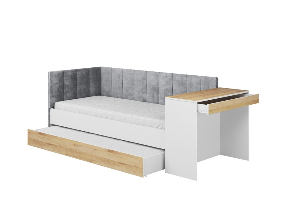 Dětská postel s přistýlkou a psacím stolem FREYA - 200x90 cm - bílá/šedá/dub sonoma