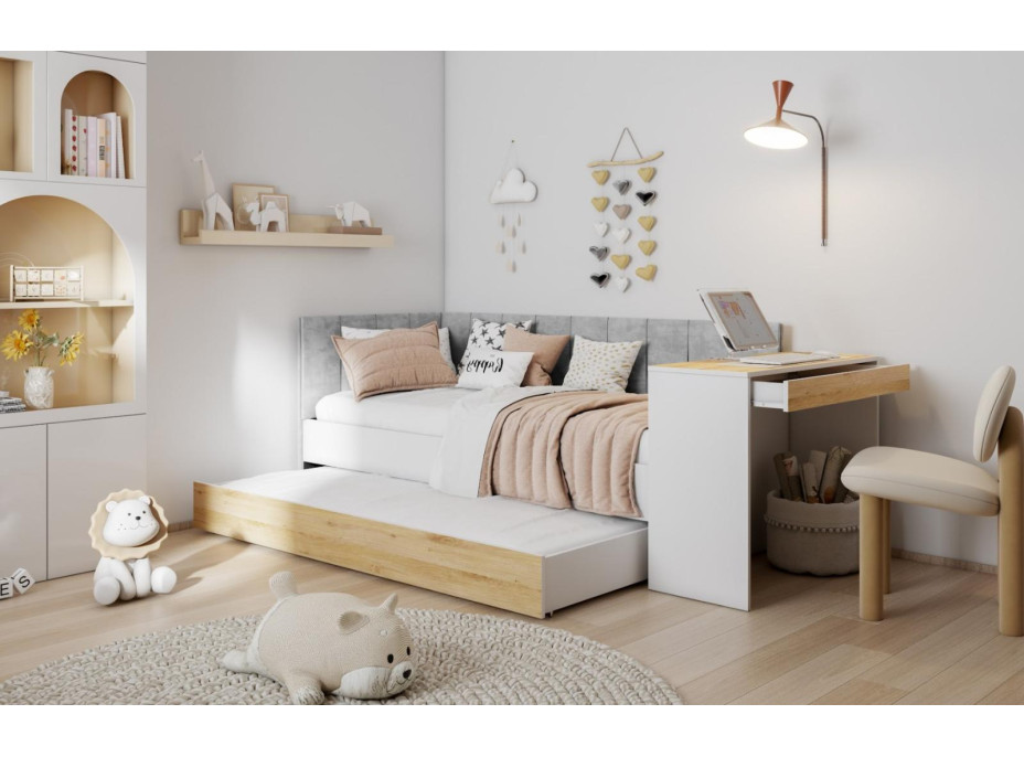 Dětská postel s přistýlkou a psacím stolem FREYA - 180x80 cm - bílá/šedá/dub sonoma