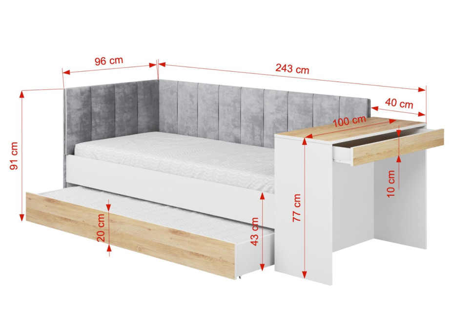Dětská postel s přistýlkou a psacím stolem FREYA - 200x90 cm - bílá/šedá/dub sonoma