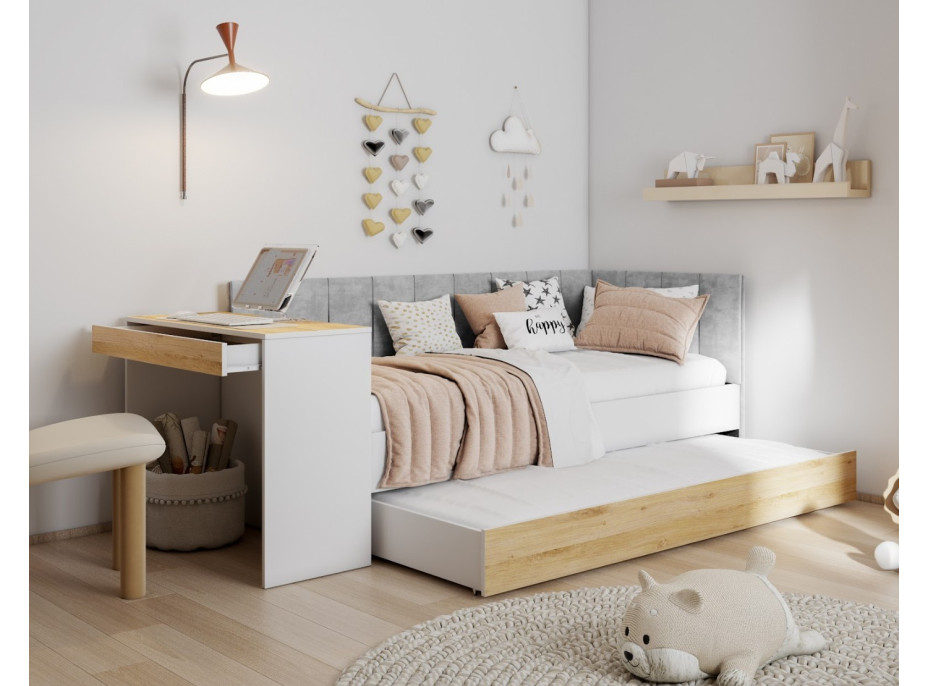Dětská postel s přistýlkou a psacím stolem FREYA - 180x80 cm - bílá/šedá/dub sonoma