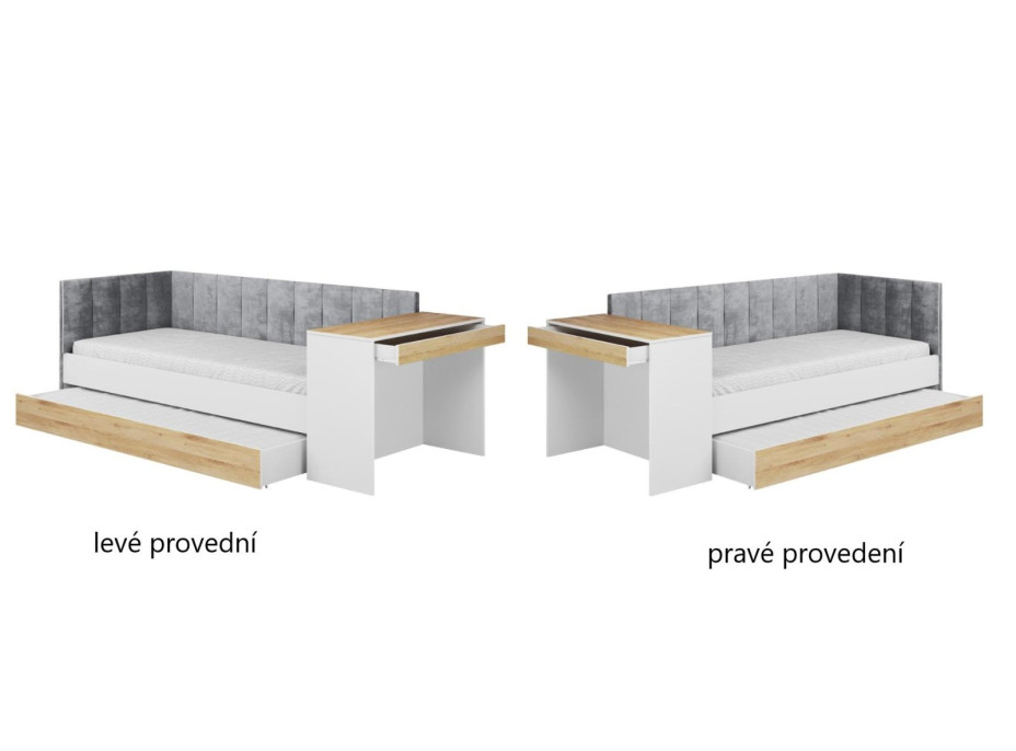 Dětská postel s přistýlkou a psacím stolem FREYA - 200x90 cm - bílá/šedá/dub sonoma