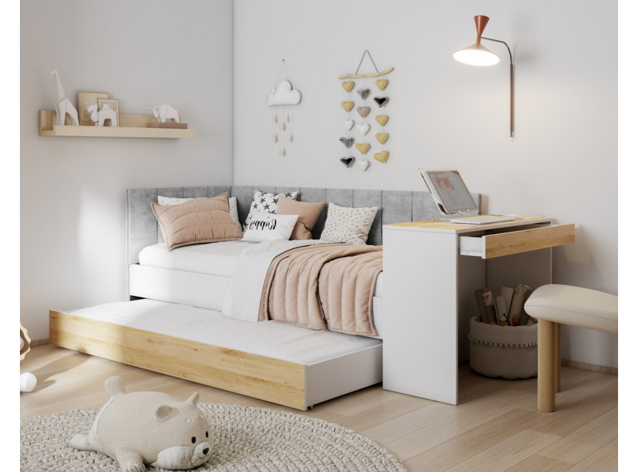 Dětská postel s přistýlkou a psacím stolem FREYA - 180x80 cm - bílá/šedá/dub sonoma