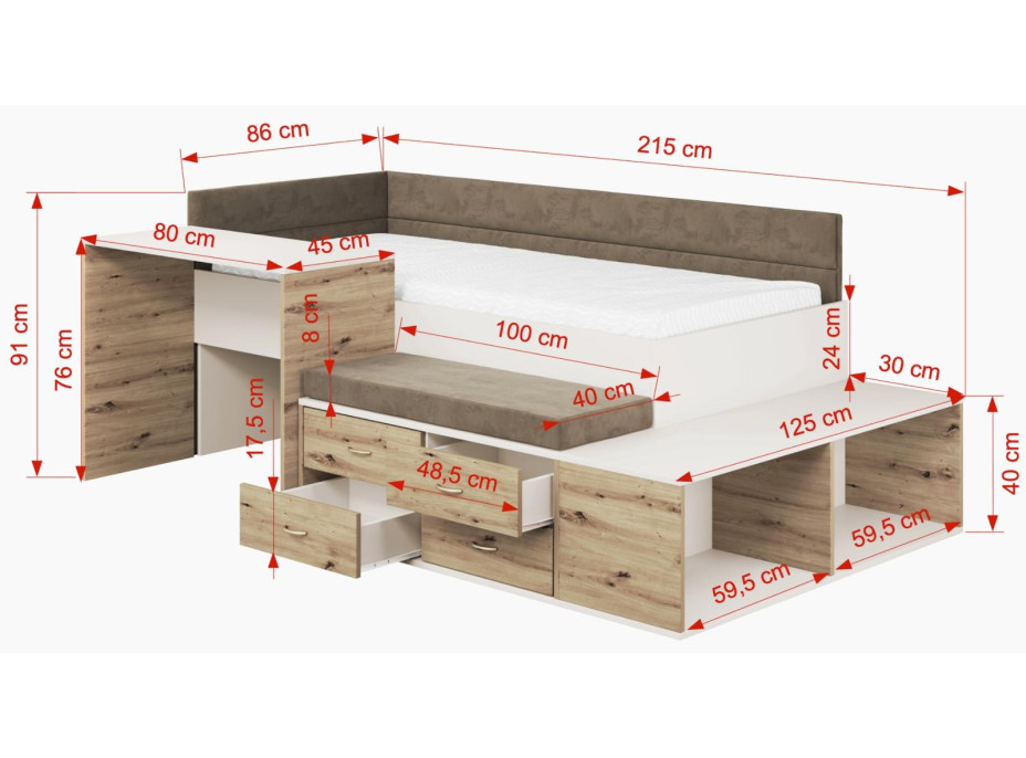 Dětská postel s psacím stolem a úložnými prostory AMIRA - 180x80 cm - bílá/hnědá/dub artisan