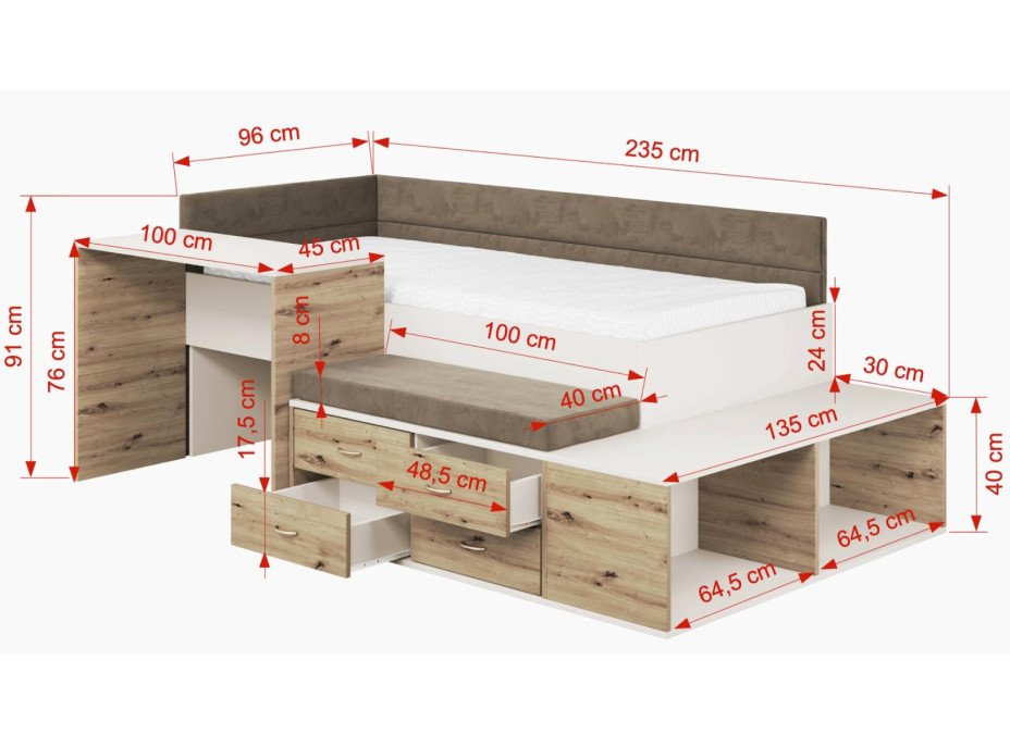 Dětská postel s psacím stolem a úložnými prostory AMIRA - 200x90 cm - bílá/hnědá/dub artisan