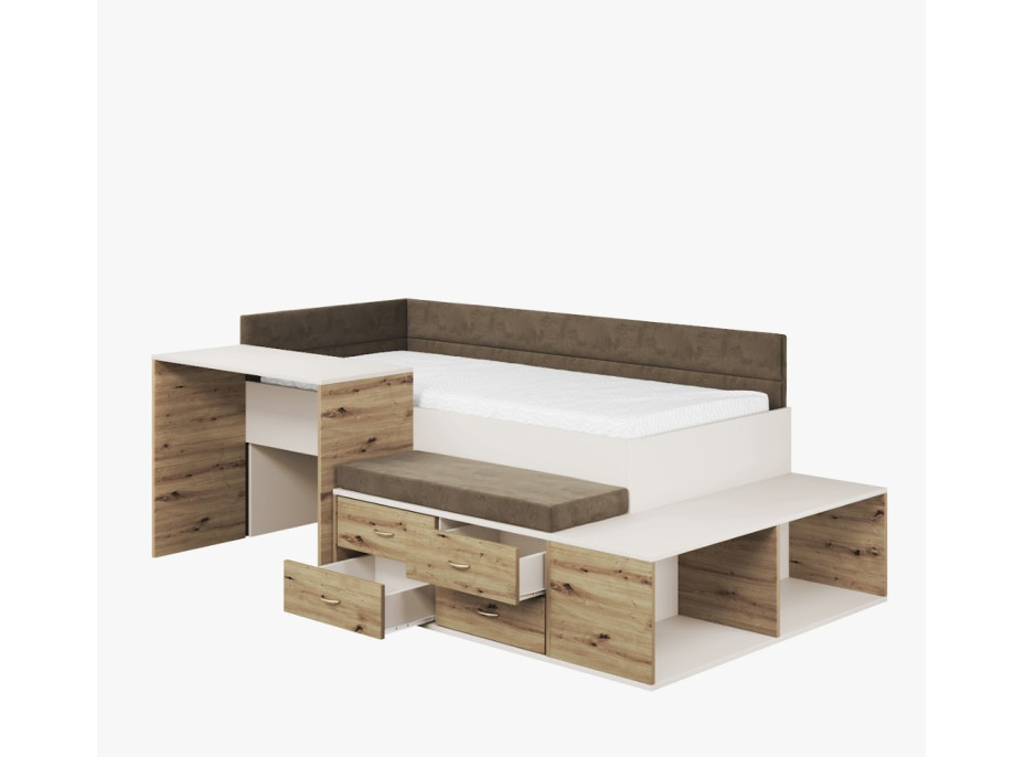 Dětská postel s psacím stolem a úložnými prostory AMIRA - 200x90 cm - kašmírová/hnědá/dub artisan