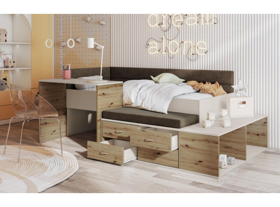 Dětská postel s psacím stolem a úložnými prostory AMIRA - 180x80 cm - kašmírová/hnědá/dub artisan