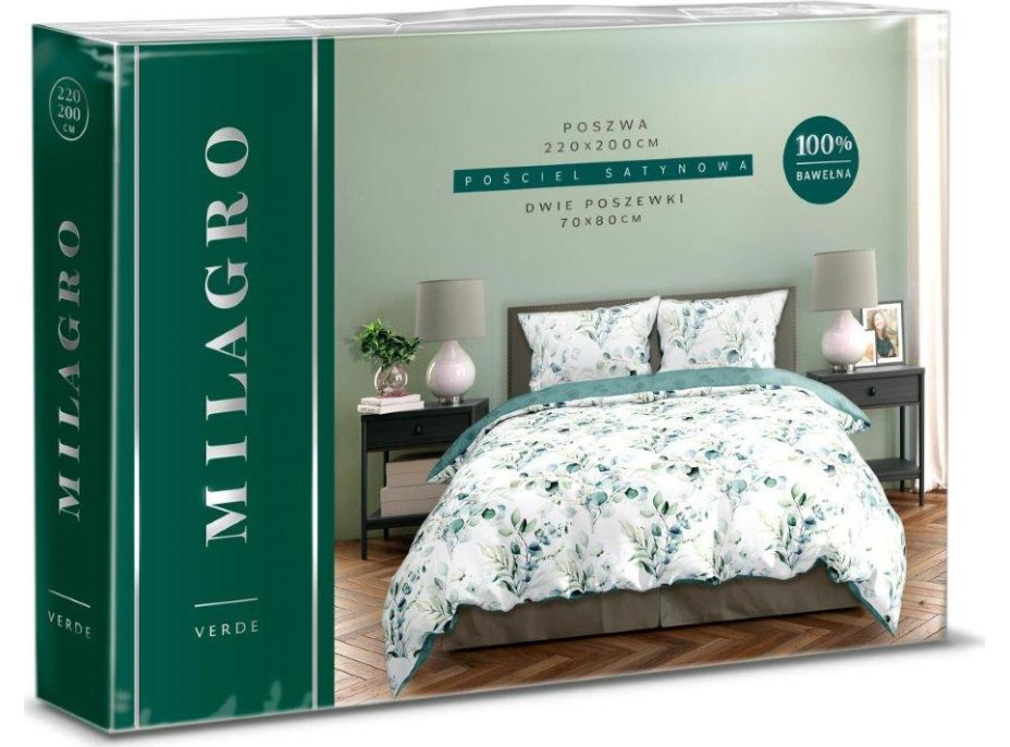 Saténové povlečení MILAGRO VERDE Větvičky - bílé/zelené - 220x200 cm
