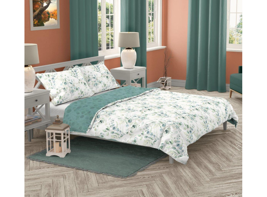 Saténové povlečení MILAGRO VERDE Větvičky - bílé/zelené - 220x200 cm