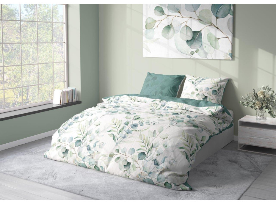 Saténové povlečení MILAGRO VERDE Větvičky - bílé/zelené - 220x200 cm