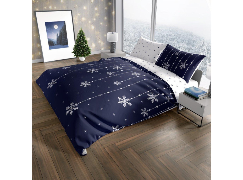 Bavlněné povlečení SCANDIC Vločky - tmavě modré/bílé - 220x200 cm