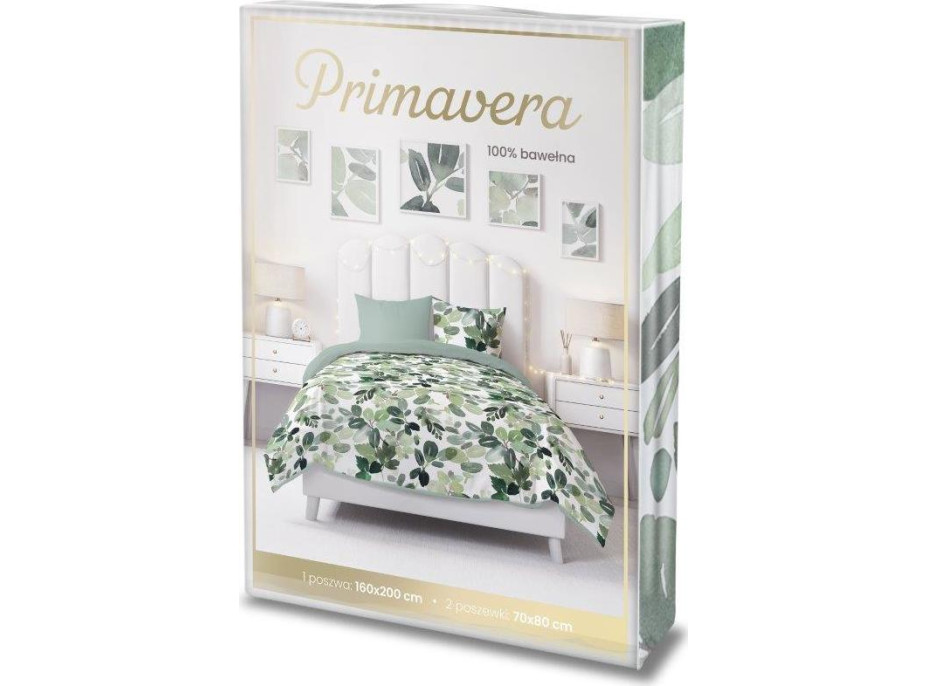 Bavlněné povlečení PRIMAVERA Listy - bílé/zelené - 160x200 cm