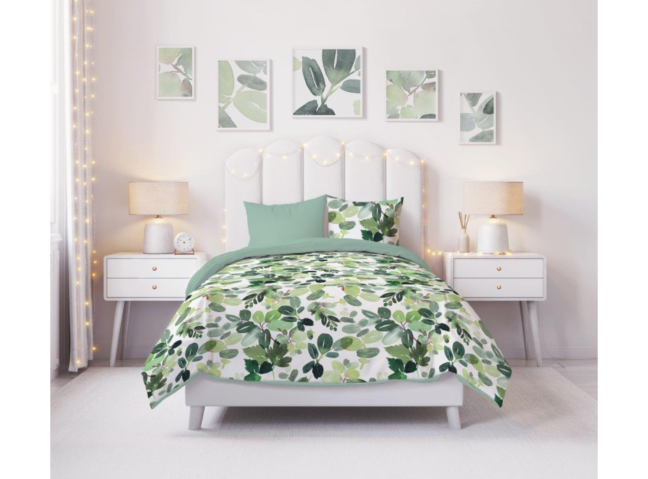 Bavlněné povlečení PRIMAVERA Listy - bílé/zelené - 160x200 cm