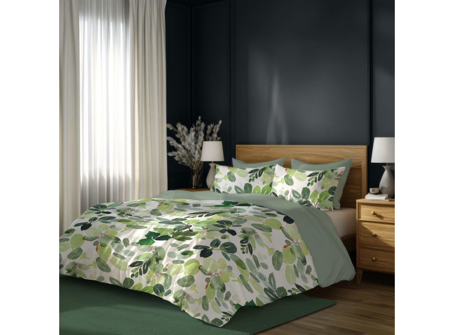 Bavlněné povlečení PRIMAVERA Listy - bílé/zelené - 160x200 cm