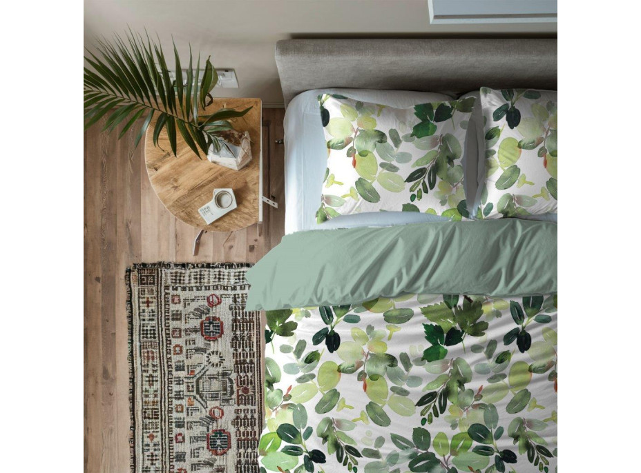 Bavlněné povlečení PRIMAVERA Listy - bílé/zelené - 220x200 cm