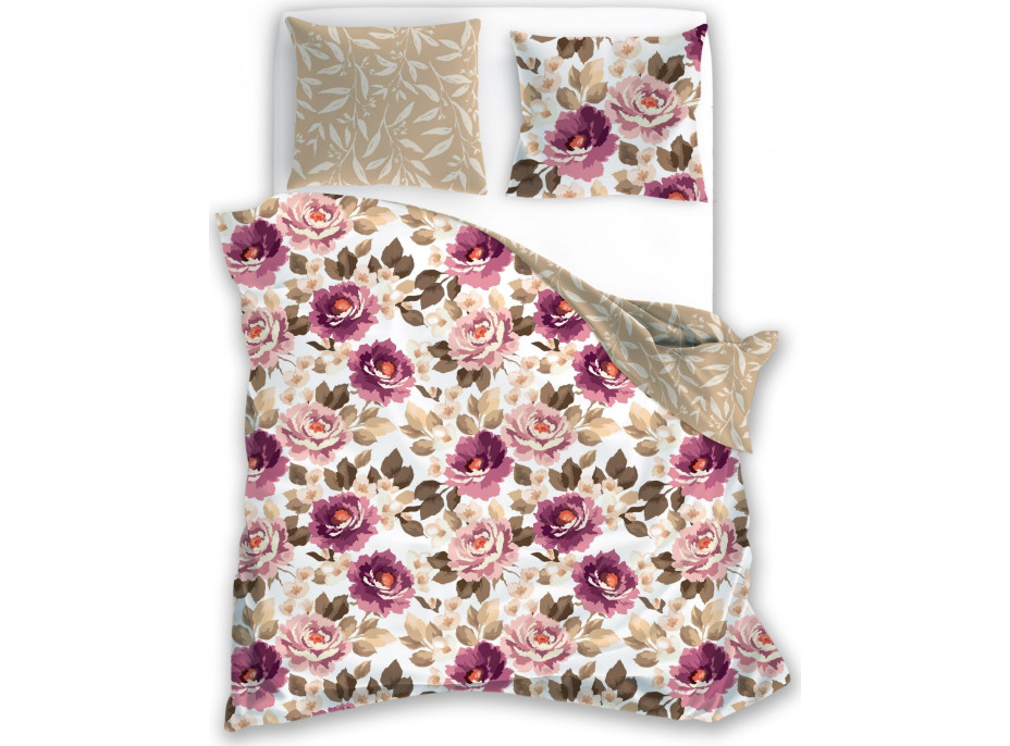 Saténové povlečení MILAGRO VERDE Fialové květy - bílé/béžové - 140x200 cm