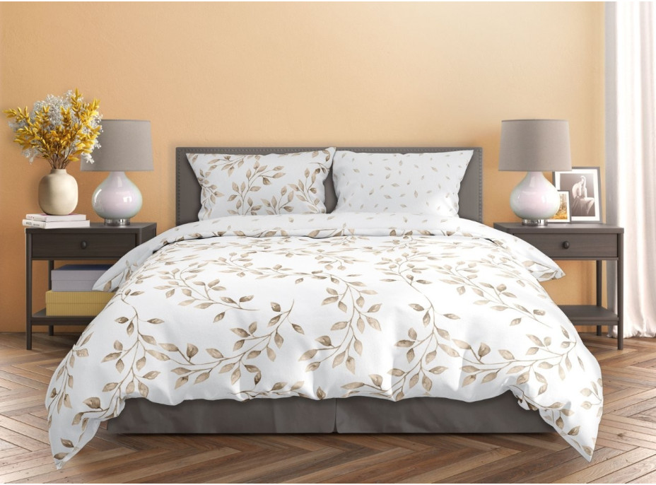 Saténové povlečení MILAGRO VERDE Jemné lístky - bílé - 140x200 cm