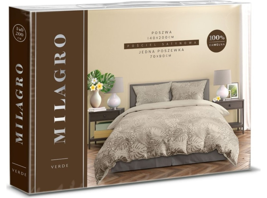 Saténové povlečení MILAGRO VERDE Monstera - béžové - 140x200 cm