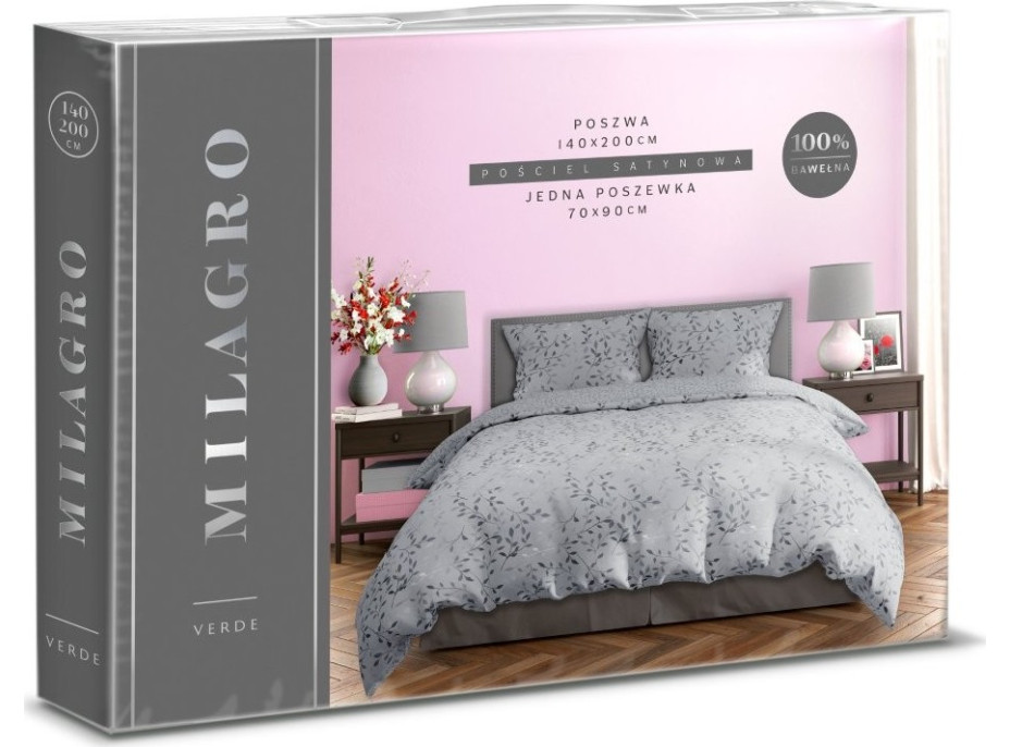 Saténové povlečení MILAGRO VERDE Šedé lístky - šedé - 140x200 cm