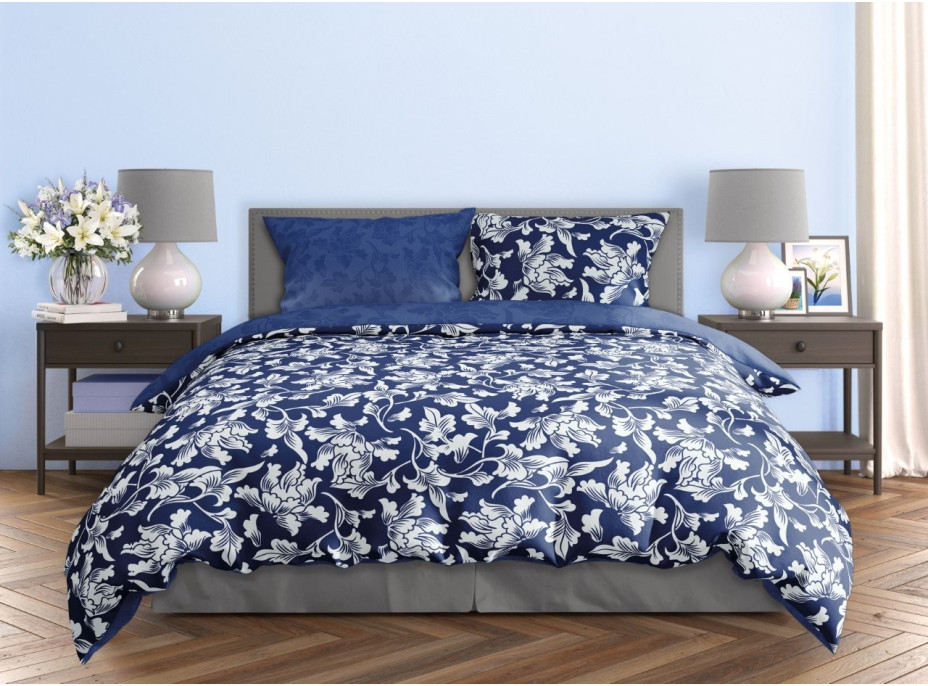 Saténové povlečení MILAGRO VERDE Bílé květy - modré/tmavě modré - 140x200 cm