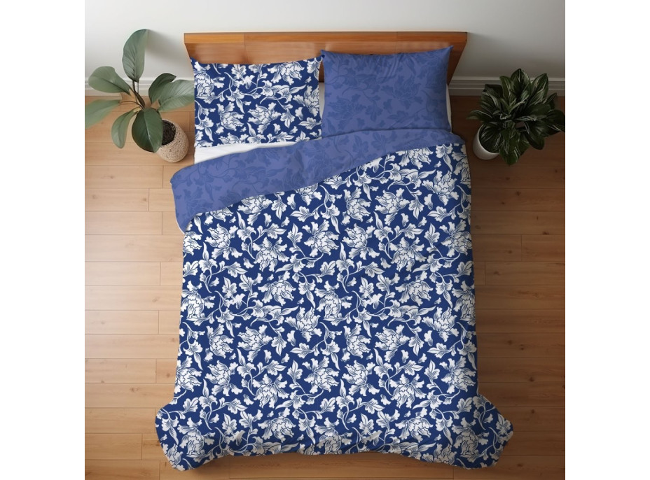 Saténové povlečení MILAGRO VERDE Bílé květy - modré/tmavě modré - 140x200 cm